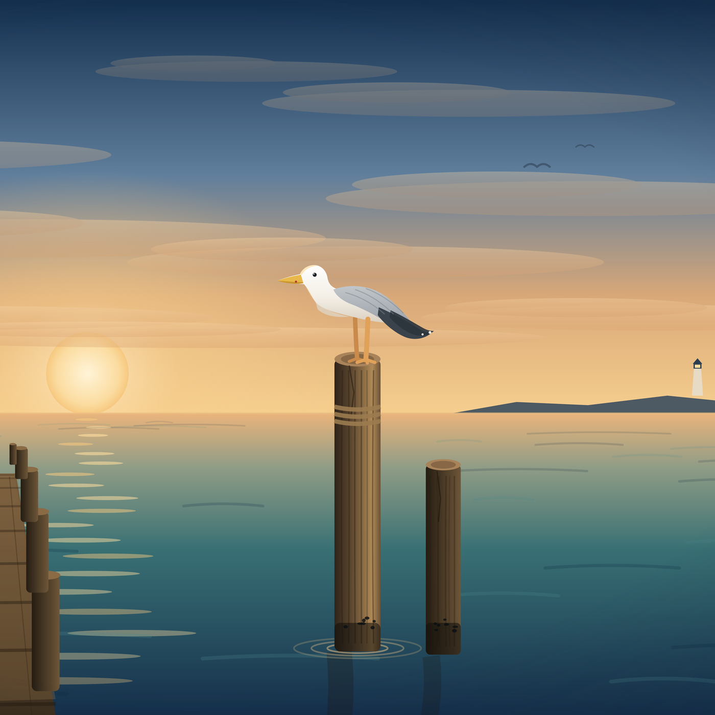 Gull Rock artwork — a gull over teal water in golden light